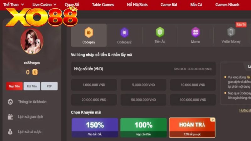 Xo88 là một trang web cá cược uy tín cung cấp nhiều phương thức nạp tiền đa dạng và tiện lợi